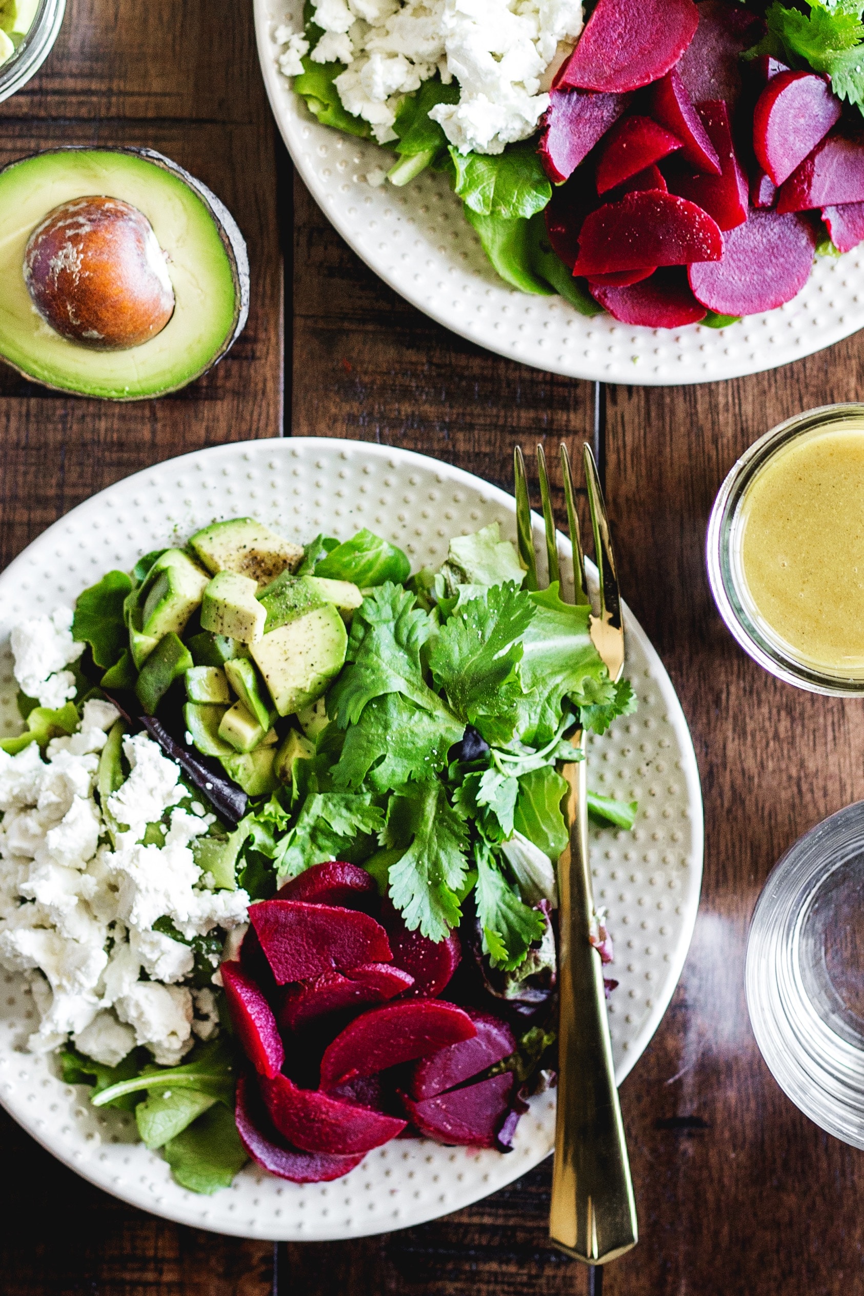 Avocado Beet and Goat Cheese Salad with simple vinaigrette- an easy and delicious addition to your next meal!