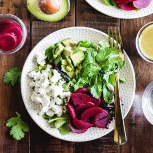Avocado Beet and Goat Cheese Salad with simple vinaigrette- an easy and delicious addition to your next meal!