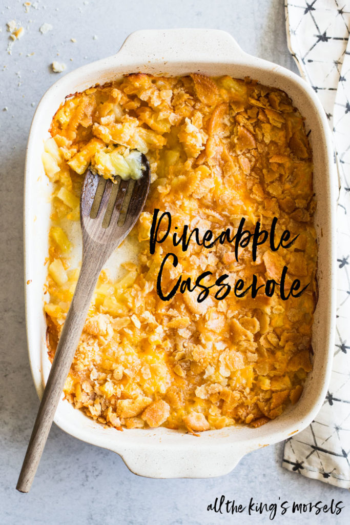 Pineapple Casserole - This sweet and savory southern side dish is perfect with Easter ham, for Mother's Day brunch or dessert with vanilla ice-cream. #pineapplecasserole #soulfood #dessert #casserole